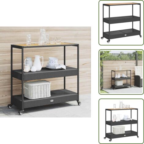 The Living Store Carrello da Bar 3 Livelli Nero in Polyrattan e Legno Acacia - Carrello da cucina