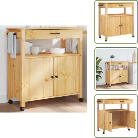 The Living Store Carrello da Cucina MONZA 84x40x88,5 cm in Legno Massello di Pino - Carrello da cucina in legno