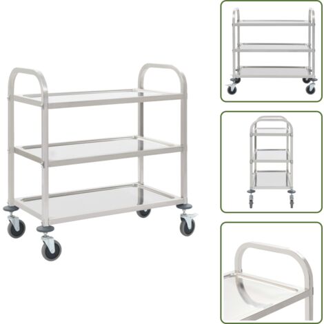 The Living Store Carrito de cocina de 3 alturas 96,5x55x90 cm acero inoxidable - Carrito de 3 niveles