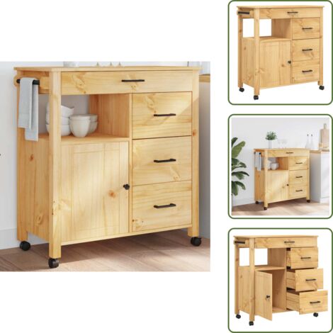 The Living Store Carrito de cocina MONZA madera maciza de pino 84x40x88,5 cm - Cocina organizada