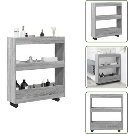 The Living Store Carro de almacenaje estrecho 3 niveles madera gris Sonoma - Estante de madera