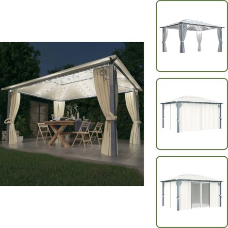 The Living Store Cenador con cortina y tira luces LED aluminio crema 400x300 cm - Cenador con luz LED