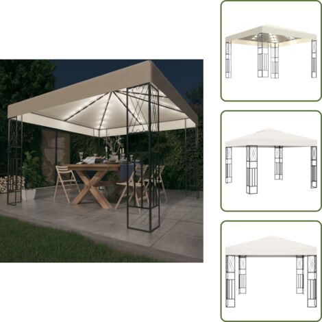 The Living Store Cenador con tira de luces LED 3x3 m tela color crema - Toldo con luces LED