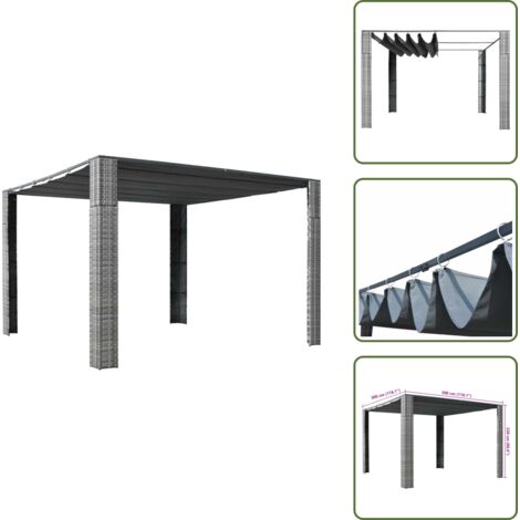 The Living Store Cenador techo ratán sintético 300x300x220 cm gris y antracita - Toldo corredizo