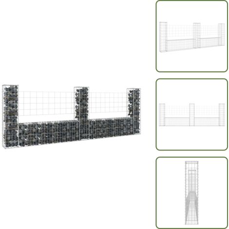 The Living Store Cesto Gabbione a U con 3 Pali in Ferro 260x20x100 cm - Muro di sostegno
