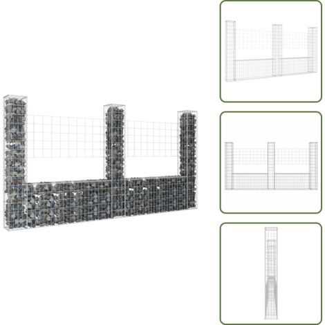 The Living Store Cesto Gabbione a U con 3 Pali in Ferro 260x20x150 cm - Muro di sostegno