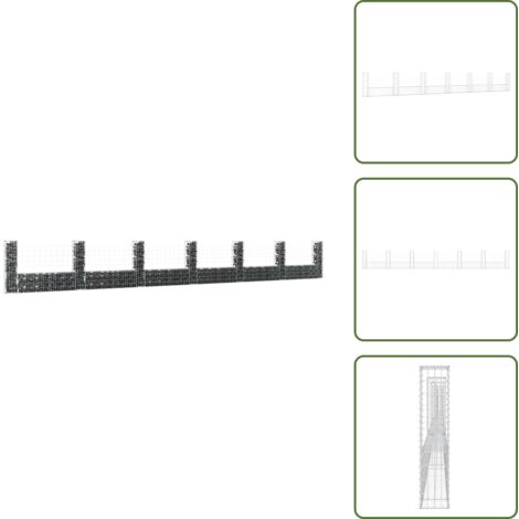The Living Store Cesto Gabbione a U con 7 Pali in Ferro 740x20x100 cm - Muro di sostegno