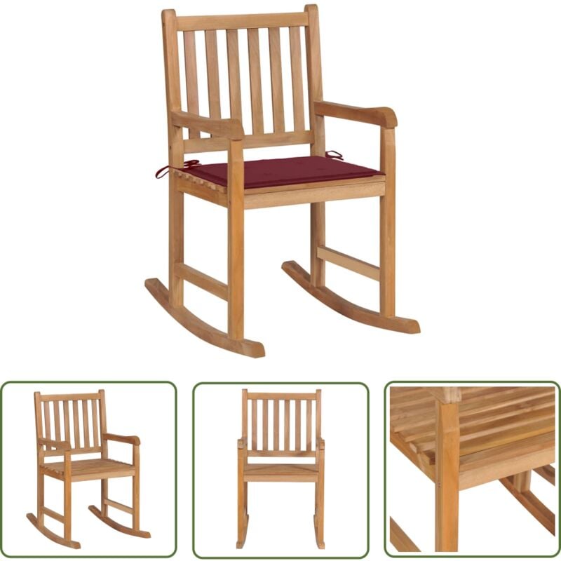 The Living Store - Chaise à bascule avec coussin rouge bordeaux Bois de teck - Chaises De Jardin - Chaises à Bascule - Mobilier De Jardin - Fauteuil