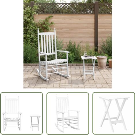 The Living Store Chaise à bascule avec table pliable blanc bois massif peuplier - Chaises À Bascule - Fauteuil Balançoire - Mobilier De Jardin - Chaise Extérieure - Chaise Lounge