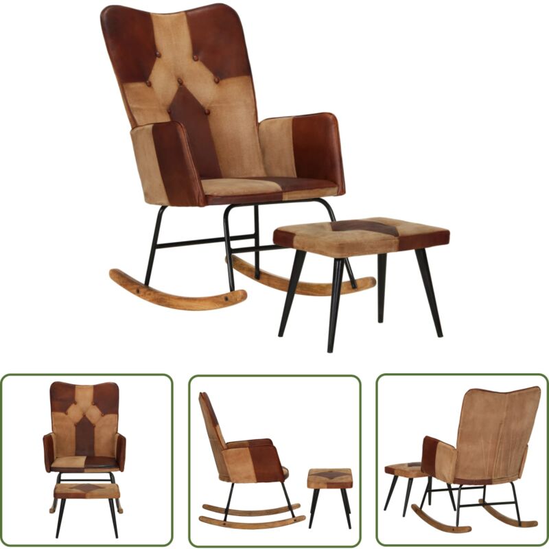 The Living Store - Chaise à bascule et repose-pieds Marron Cuir véritable et toile - Fauteuil Inclinable - Chaise Balançoire - Chaise Relaxante