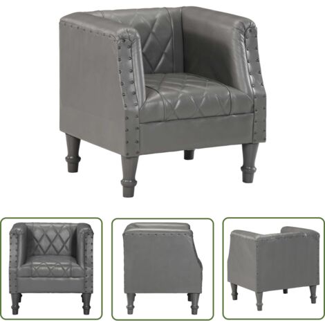 The Living Store Chaise cabriolet Gris Cuir véritable de chèvre - Fauteuil En Cuir - Fauteuil Vintage - Fauteuil Confortable - Chaise Capitonné - Décoration Intérieure