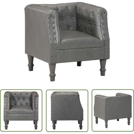 The Living Store Chaise cabriolet gris cuir véritable - Fauteuil En Cuir - Fauteuil Relax - Chaise Confort - Mobilier Salon - Décoration Intérieur