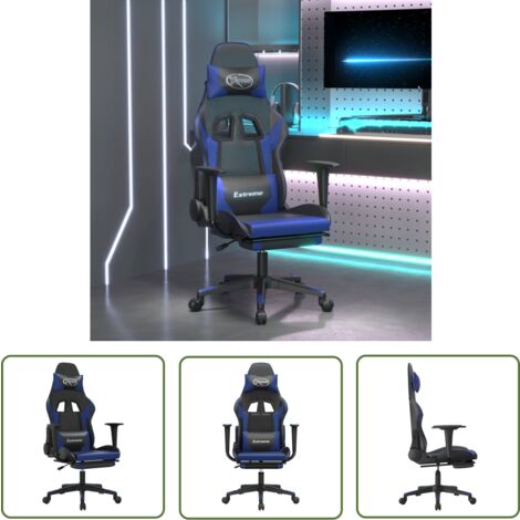 The Living Store Chaise de jeu avec repose-pied Noir et bleu Similicuir - Chaises De Gaming - Chaise Gamer - Fauteuil De Jeu - Trône De Jeu - Bureau Ergonomique