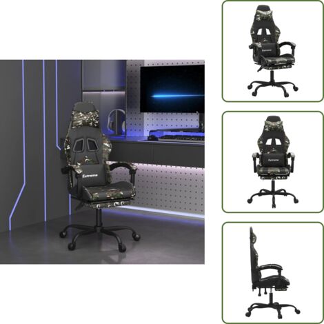 The Living Store Chaise de jeu avec repose-pied Noir et camouflage Similicuir - Chaise de jeu confort