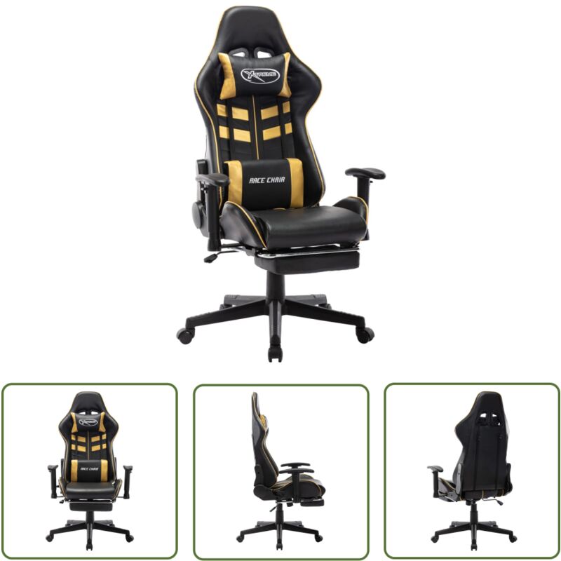 The Living Store - Chaise de jeu avec repose-pied Noir et doré Cuir artificiel - Chaise Gaming - Chaise De Jeu - Fauteuil Gamer - Chaise Ergonomique