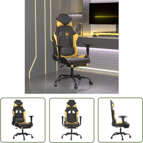 The Living Store Chaise de jeu avec repose-pied Noir et doré Similicuir - Chaises Gaming - Chaise Gamer - Fauteuil Gaming - Trône De Jeu - Bureau Ergonomique