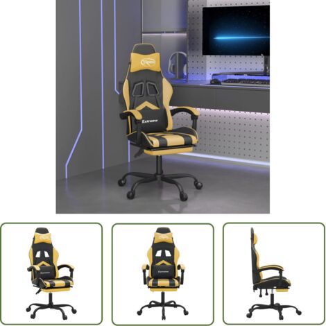 The Living Store Chaise de jeu avec repose-pied Noir et doré Similicuir - Chaises Gaming - Fauteuil Gamer - Chaise Bureau - Chaise Ergonomique - Simuli Cuir