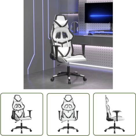 The Living Store Chaise de jeu Blanc et noir Similicuir - Chaises Gaming - Fauteuil Gamer - Chaise Bureau - Chaise Ergonomique - Chaise Confortable