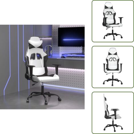 The Living Store Chaise de jeu Blanc et noir Similicuir - Chaises Gaming - Fauteuil Gamer - Chaise Bureau - Chaise Ergonomique - Chaise Confortable
