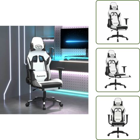 The Living Store Chaise de jeu de massage avec repose-pied Blanc noir Similicuir - Chaise De Jeu - Chaise Gamer - Chaise Ergonomique - Chaise De Bureau - Massage Lombaire
