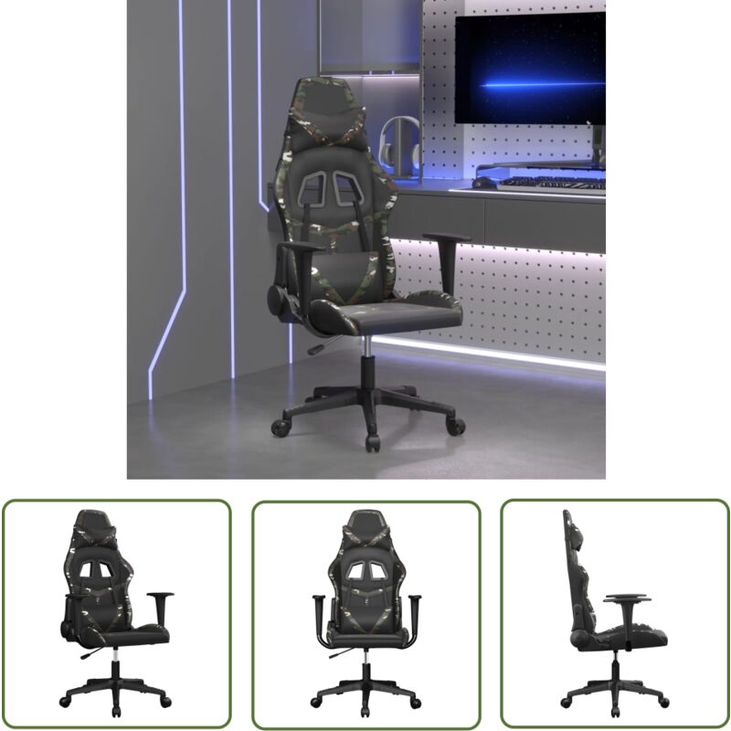 The Living Store - Chaise de jeu de massage Noir et camouflage Similicuir - Chaise Gaming - Fauteuil Gamer - Chaise Ergonomique - Chaise Bureau