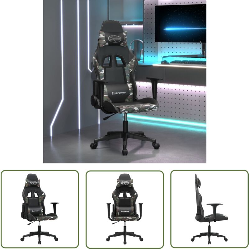 The Living Store - Chaise de jeu Noir et camouflage Similicuir - Chaises Gaming - Fauteuil Gamer - Chaise Bureau - Chaise Ergonomique - Chaise