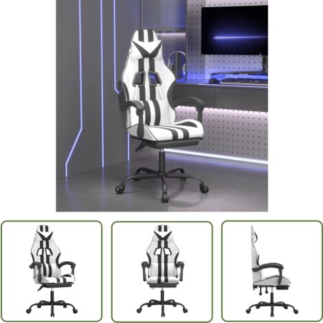 The Living Store Chaise de jeu pivotante et repose-pied Blanc et noir Similicuir - Chaises Gaming - Chaise Gamer - Chaise Bureau - Fauteuil Gaming - Chaise Ergonomique