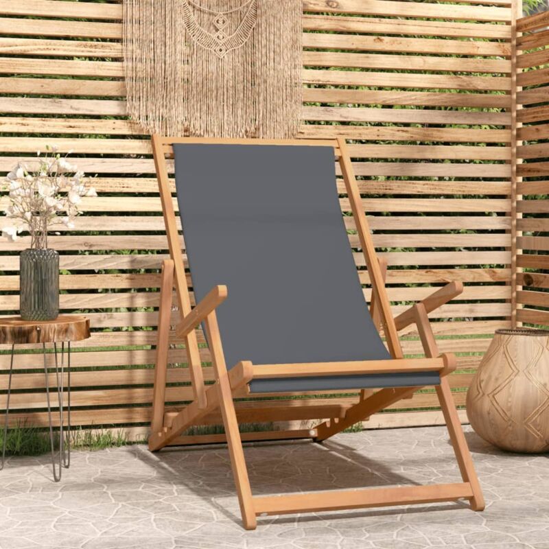 chaise de plage pliable bois de teck solide gris the living store