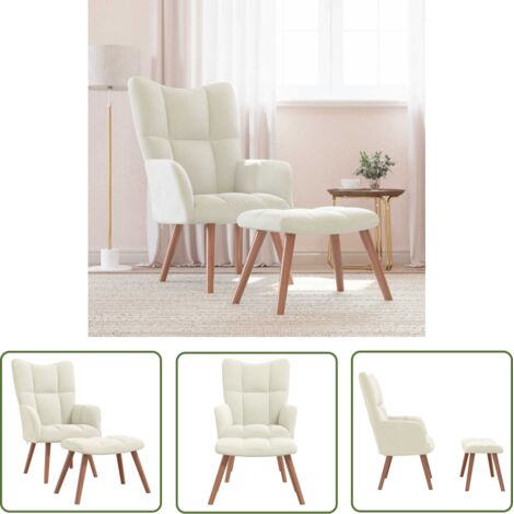 The Living Store Chaise de relaxation avec repose-pied Blanc crème Velours - Fauteuil Relaxant - Chaise Lounge - Chaise Confortable - Mobilier Salon - Décoration Intérieure