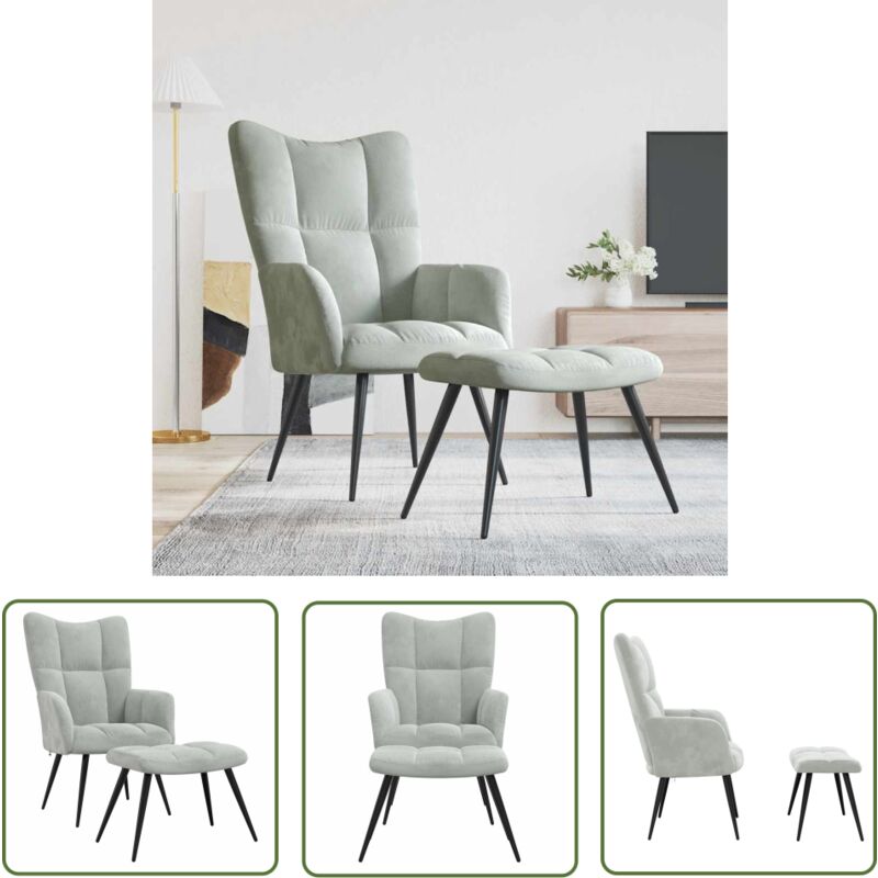 The Living Store - Chaise de relaxation avec tabouret Gris clair Velours - Fauteuil Relaxant - Chaise Lounge - Chaise Confortable - Mobilier Moderne