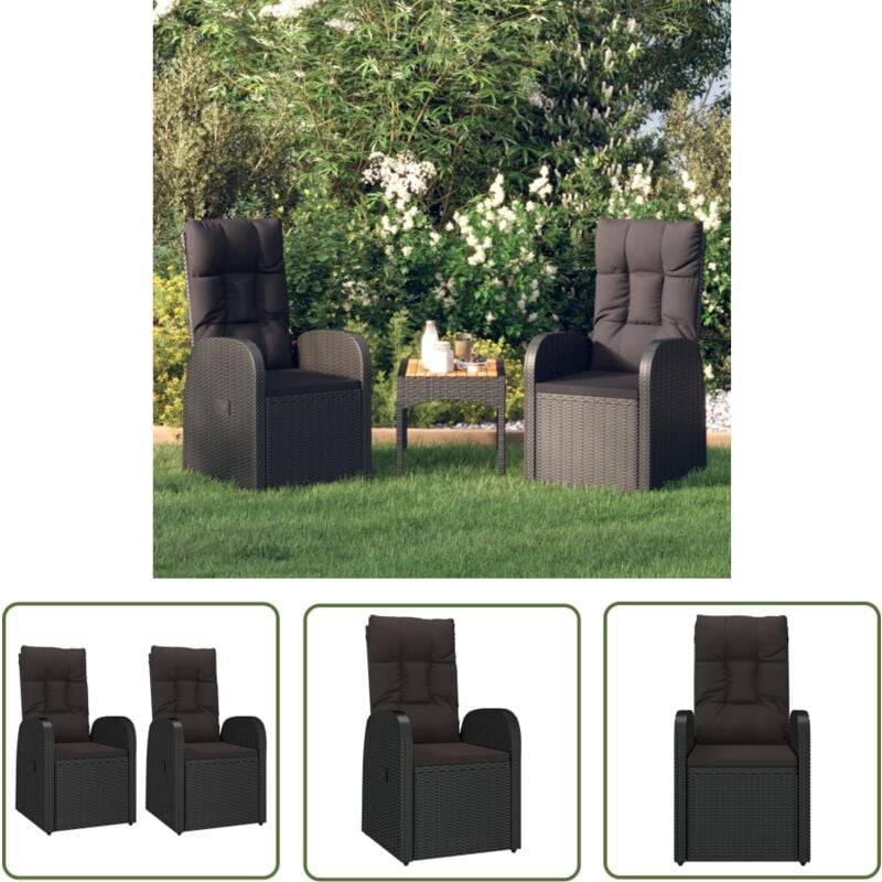 The Living Store - Chaise inclinable de jardin 2pc et coussins Résine tressée Noir - Fauteuil De Jardin - Chaise De Jardin - Mobilier De Jardin