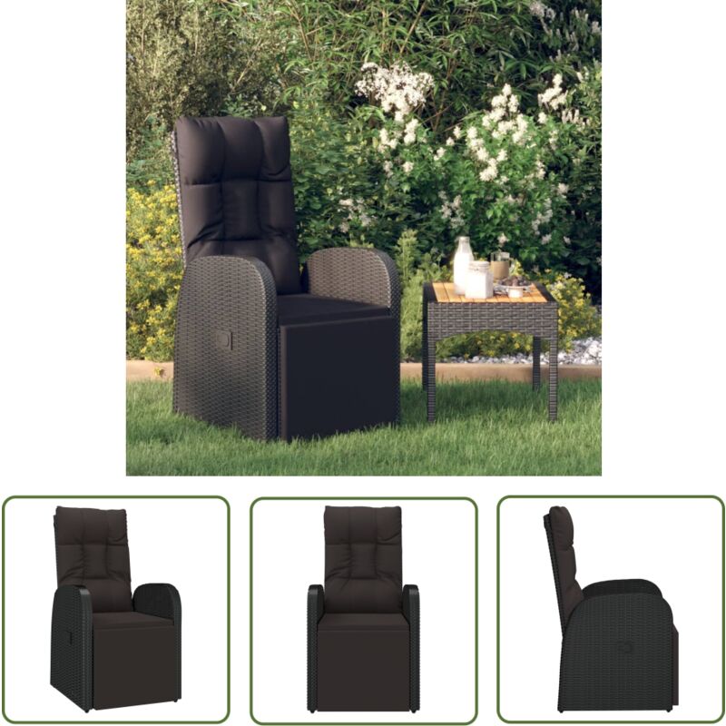 The Living Store - Chaise inclinable de jardin et coussin Résine tressée Noir - Fauteuil De Jardin - Chaise Inclinable - Mobilier De Jardin - Chaise