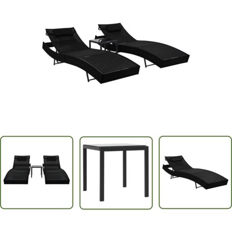 The Living Store Chaise longue 2 pcs et table Résine tressée et textilène Noir - Chaises Longues - Lit De Bronzage - Mobilier De Jardin - Salon De Jardin - Résine Tressée