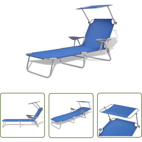 The Living Store Chaise longue avec auvent Acier Bleu - Chaises Longues - Transats - Mobilier De Jardin - Chaises De Jardin - Lit De Bronzage