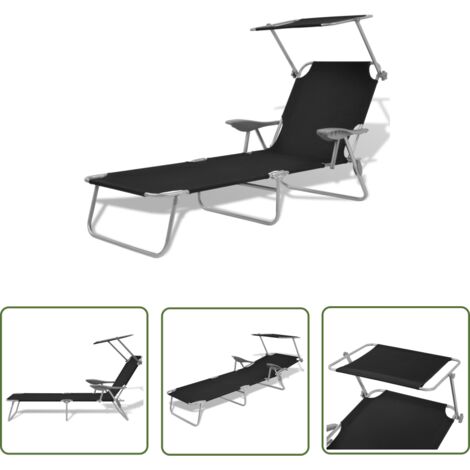 The Living Store Chaise longue avec auvent Acier Noir - Chaises Longues - Transats - Mobilier De Jardin - Chaises De Jardin - Relaxations