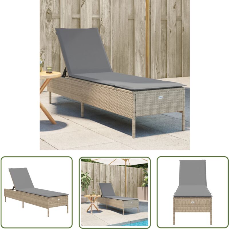 The Living Store - Chaise longue avec coussin beige résine tressée - Chaises Longues - Bain De Soleil - Mobilier De Jardin - Chaises De Jardin