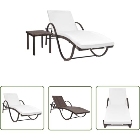 The Living Store Chaise longue avec coussin et table Résine tressée Marron - Chaises Longues - Mobilier De Jardin - Transats - Bain De Soleil - Résine Tressée