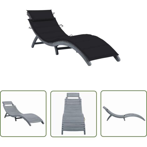 The Living Store Chaise longue avec coussin Gris Bois d'acacia solide - Chaise Longue - Mobilier De Jardin - Transats - Chaises Longues Pliables - Jardin
