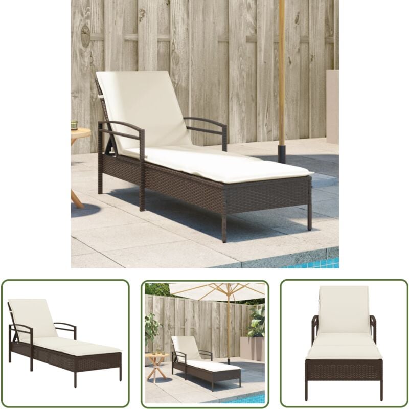 The Living Store - Chaise longue avec coussin marron 63x200x81 cm résine tressée - Chaises Longues - Chaises Longues Pliantes - Transats - Bain De