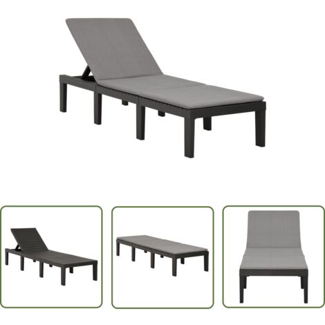 The Living Store Chaise longue avec coussin Plastique Anthracite - Chaise Longue - Transat - Lit De Bronzage - Mobilier De Jardin - Jardin