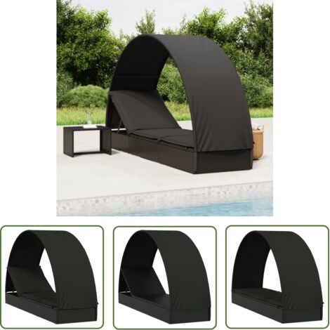 The Living Store Chaise longue avec toit rond noir 211x57x140 cm résine tressée - Chaises Longues - Mobilier De Jardin - Transats - Chaises Longues Avec Toit - Lit De Repos