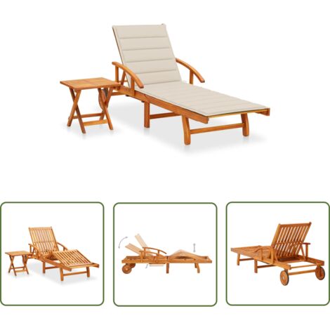The Living Store Chaise longue de jardin avec table et coussin Bois d'acacia - Chaise Longue Jardin - Mobilier De Jardin - Bain De Soleil - Acacia - Bois Massif