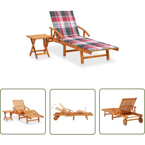 The Living Store Chaise longue de jardin avec table et coussin Bois d'acacia - Chaise Longue - Mobilier De Jardin - Salon De Jardin - Bain De Soleil - Acacia