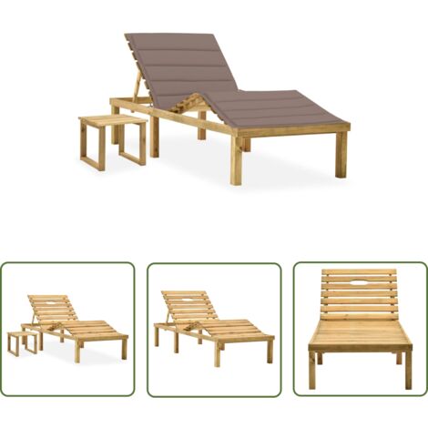 The Living Store Chaise longue de jardin avec table et coussin Pin imprégné - Chaises Longues De Jardin - Bain De Soleil - Mobilier De Jardin - Chaises Longues Pliantes - Chaise Longue Avec Table