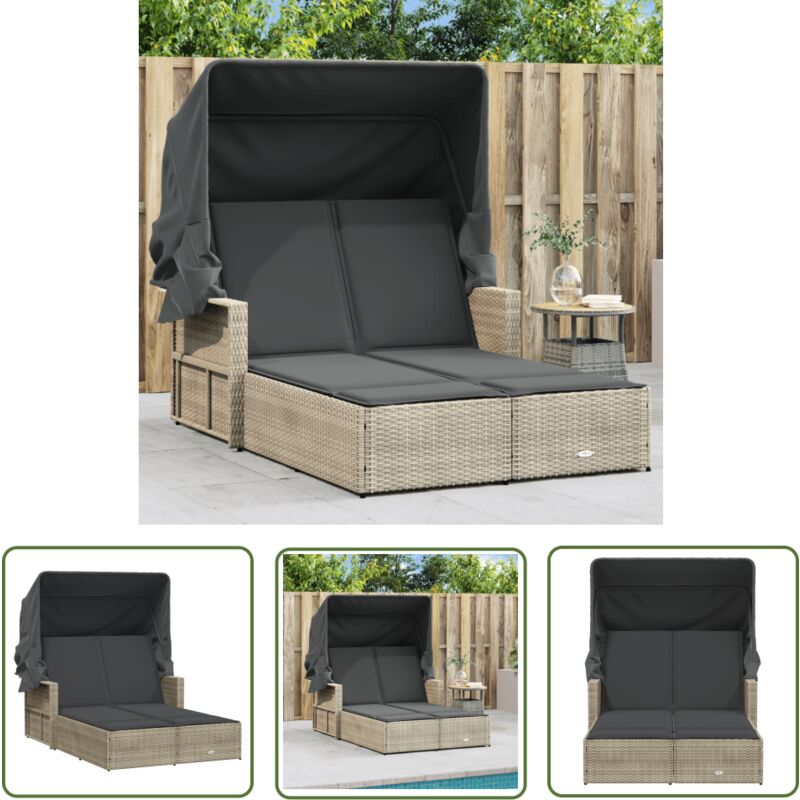 Chaise longue double avec auvent et coussins gris clair rotin - Chaises Longues Doubles - Chaises Longues Pliantes - Transats - Lit De Bronzage