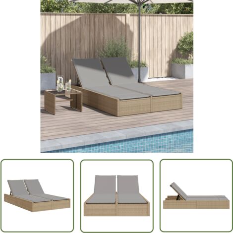 The Living Store Chaise longue double avec coussins beige résine tressée - Chaises Longues Doubles - Chaises Longues Pliantes - Transats - Lit De Bronzage - Mobilier De Jardin