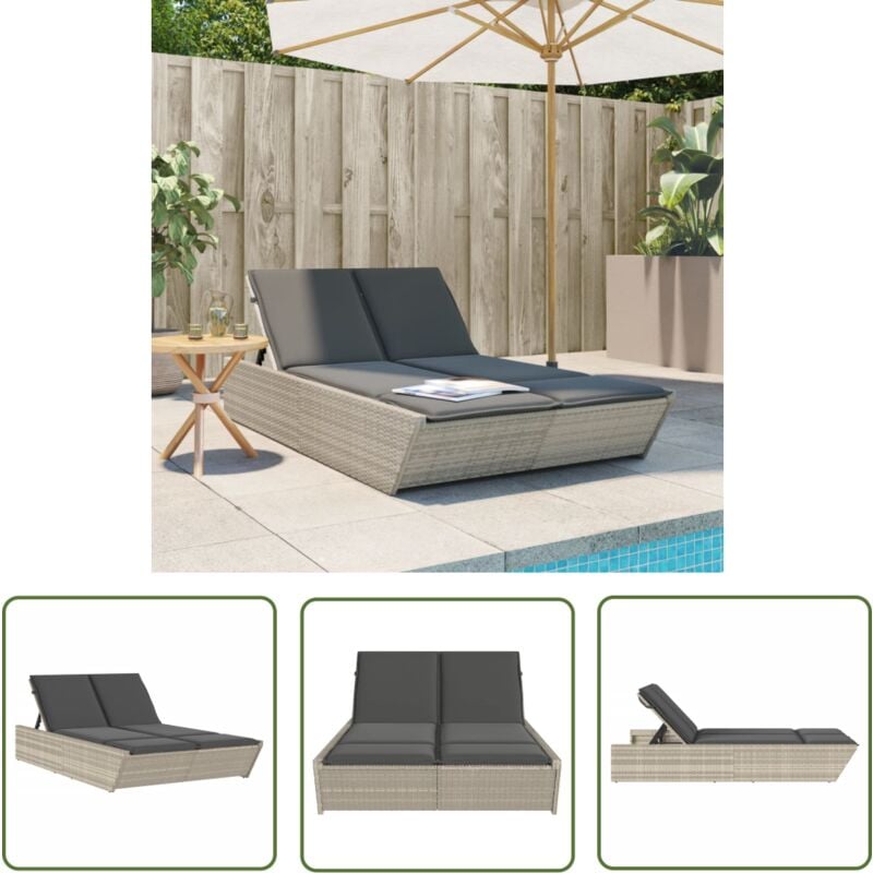 The Living Store - Chaise longue double avec coussins gris clair résine tressée - Chaises Longues Doubles - Chaises Longues Pliantes - Transats - Lit