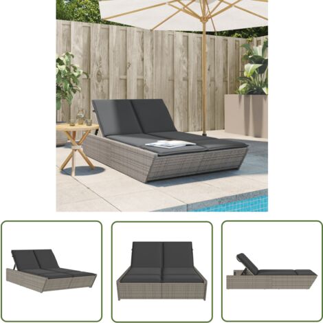 The Living Store Chaise longue double avec coussins gris résine tressée - Chaises Longues Doubles - Chaises Longues Pliantes - Transats - Lit De Bronzage - Meubles De Jardin