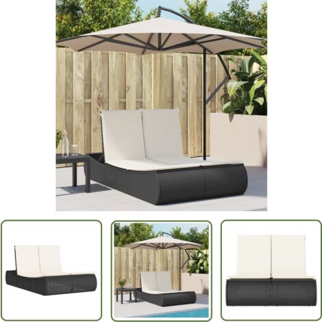 The Living Store Chaise longue double avec coussins noir résine tressée - Chaises Longues Doubles - Transats - Lit De Bronzage - Mobilier De Jardin - Chaises Extérieures