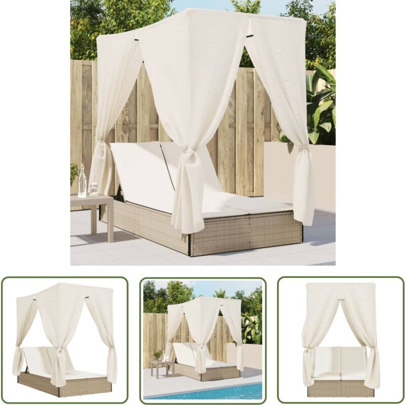 The Living Store - Chaise longue double avec toit et rideaux beige résine tressée - Chaises Longues Doubles - Transats - Bain De Soleil - Mobilier De